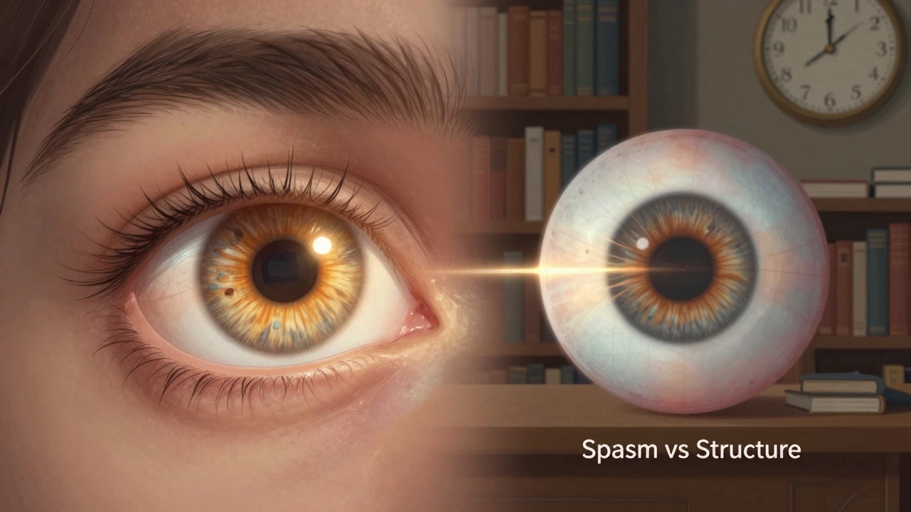 Разделенное изображение здорового и измененного глаза с символами напряжения и анатомии.