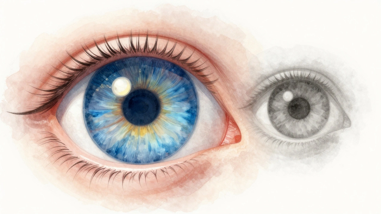 Разрез глаза: жесткий старый хрусталик рядом с гибким молодым, научная иллюстрация.