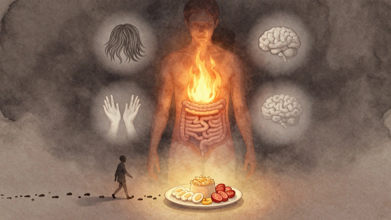 Схематичное изображение тела с признаками замедленного метаболизма и путем восстановления.