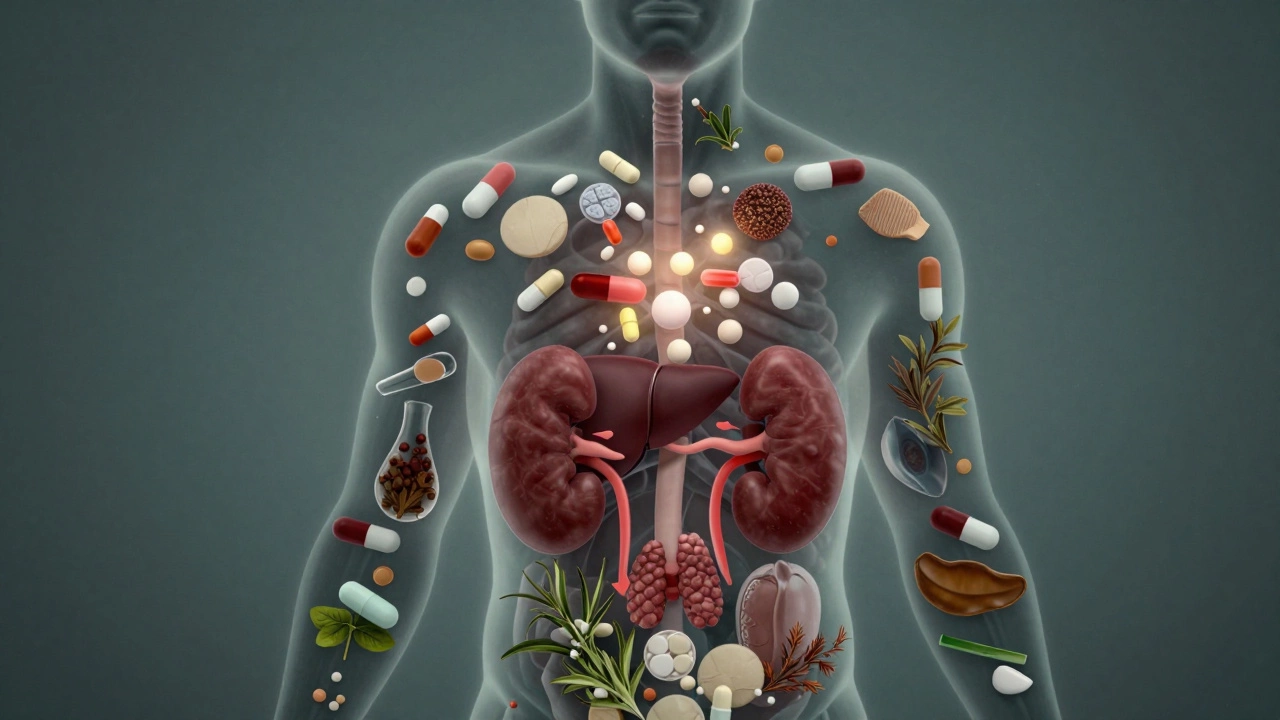 Силуэт человека, заполненный символами лекарств, влияющих на органы.