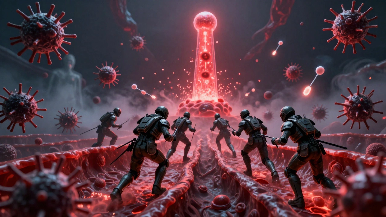 Символическая битва иммунной системы с бактериями в кровотоке