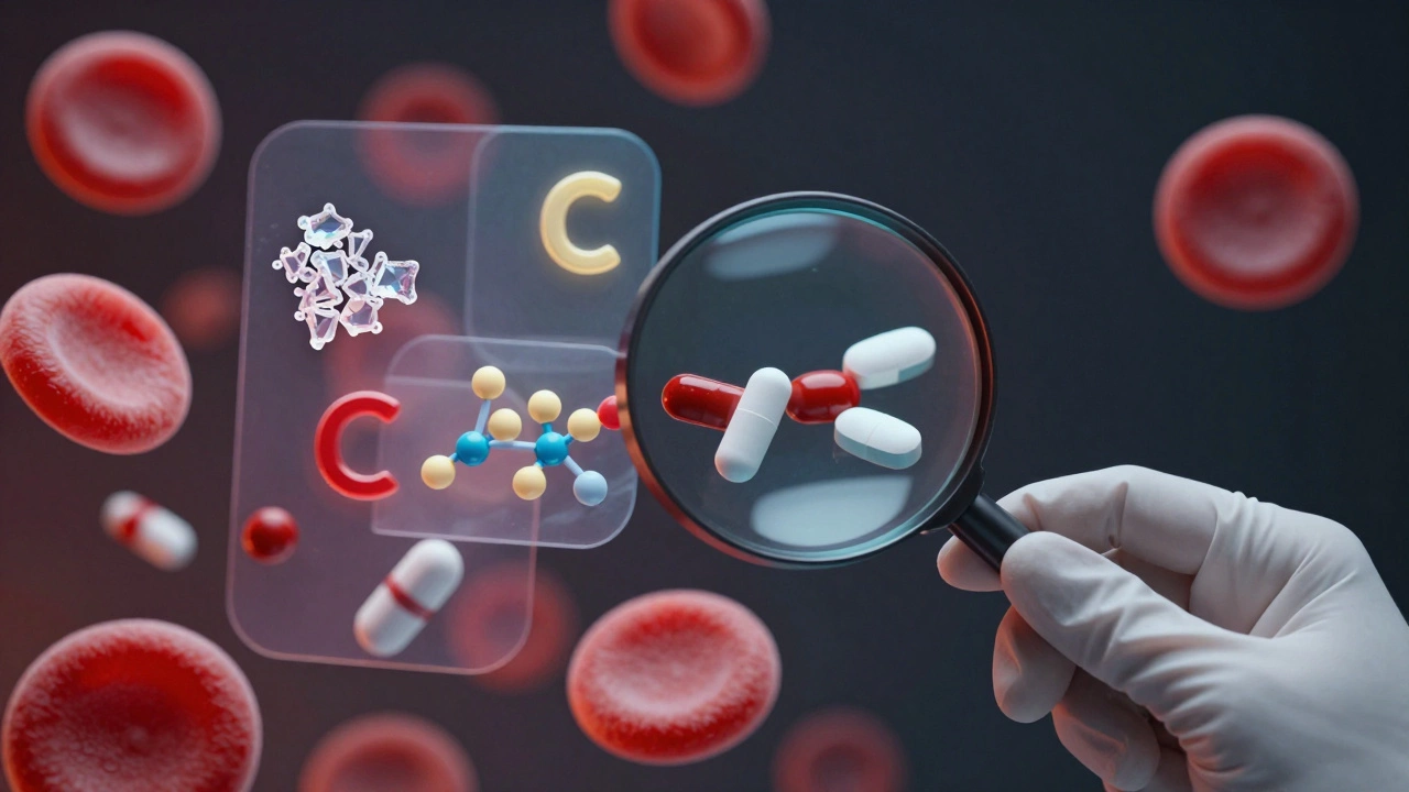 Техник с анализом крови, в котором видны молекулы лекарств, влияющих на клетки.