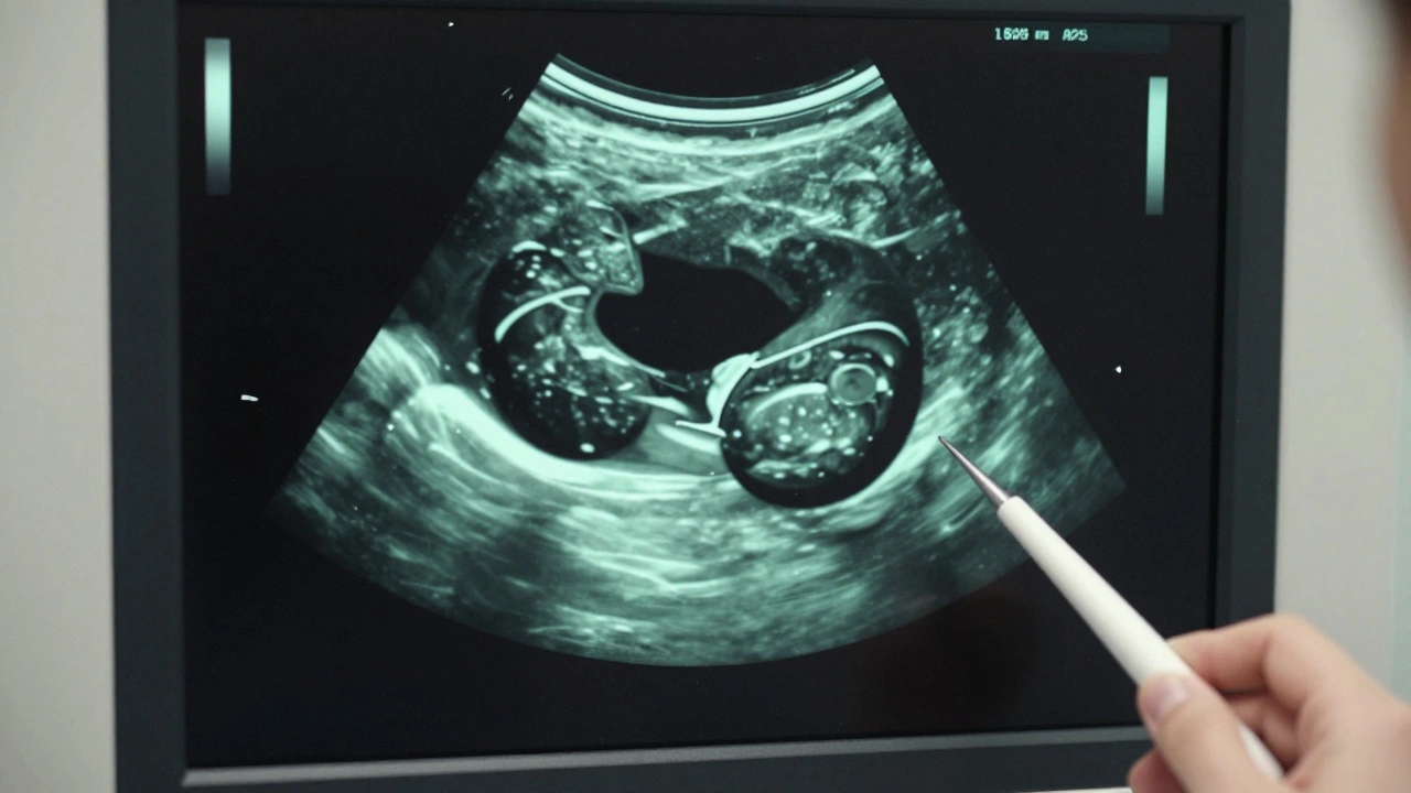 УЗИ-изображение кисты яичника как темного овала с ровными краями.