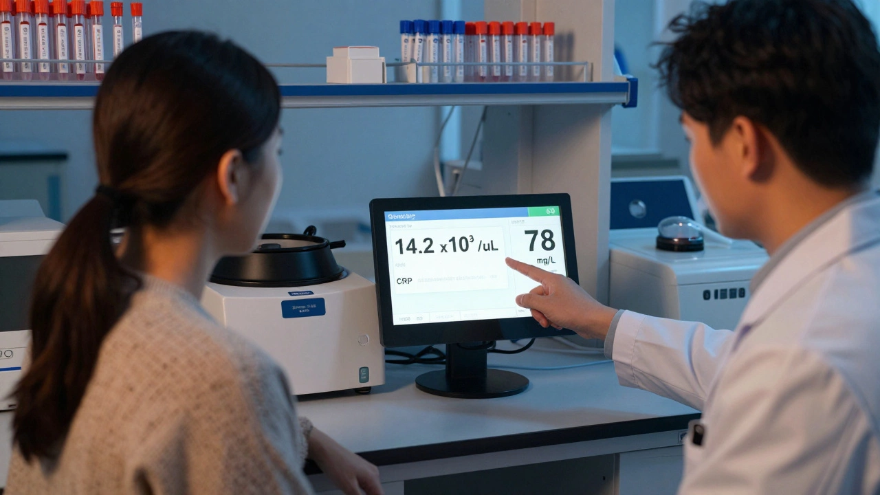 Врач объясняет пациенту результаты анализа крови с повышенными лейкоцитами и СРБ