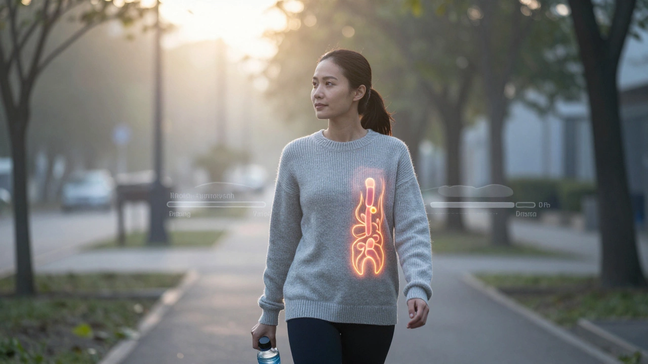 Женщина спокойно гуляет на рассвете, держит бутылку воды, вокруг нее — признаки возрождения энергии.