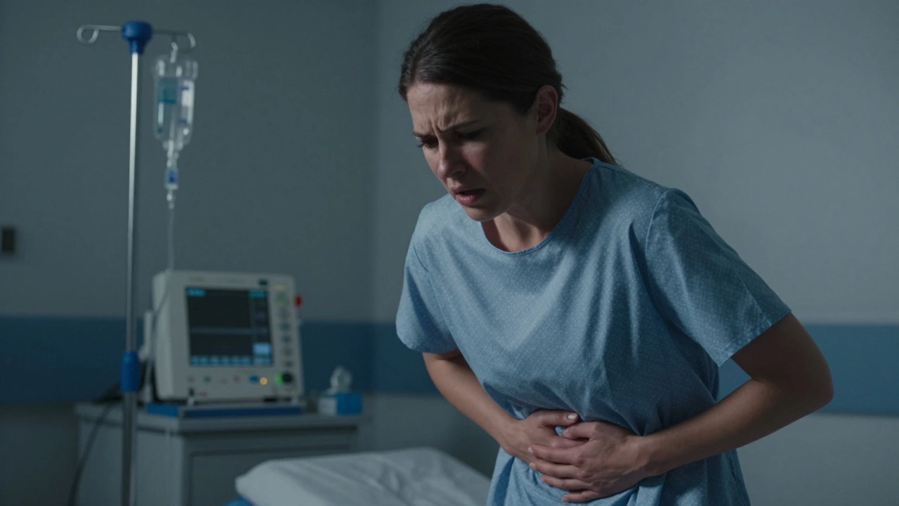 Женщина страдает от внезапной острой боли в животе в больнице.