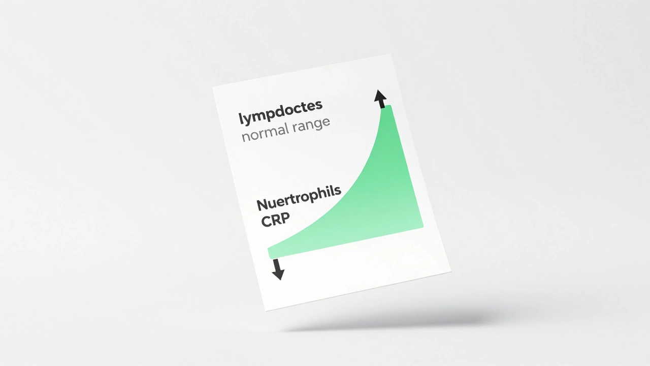 Анализ крови с визуализацией изменений при вирусной инфекции: лимфоциты вверх, нейтрофилы вниз, СРБ в норме