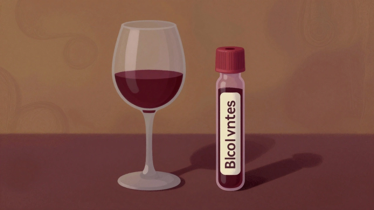 Бокал вина рядом с мутной кровью из-за алкоголя