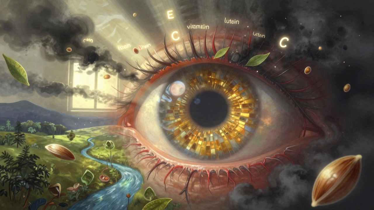 Человеческое глазное яблоко как ландшафт, защищённый антиоксидантами и питательными веществами.