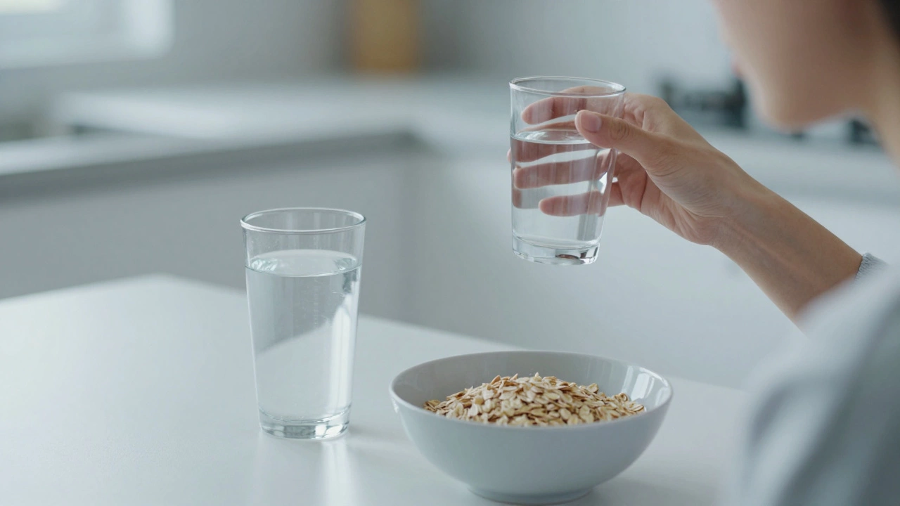 Человек пьет воду и ест овсянку перед анализом