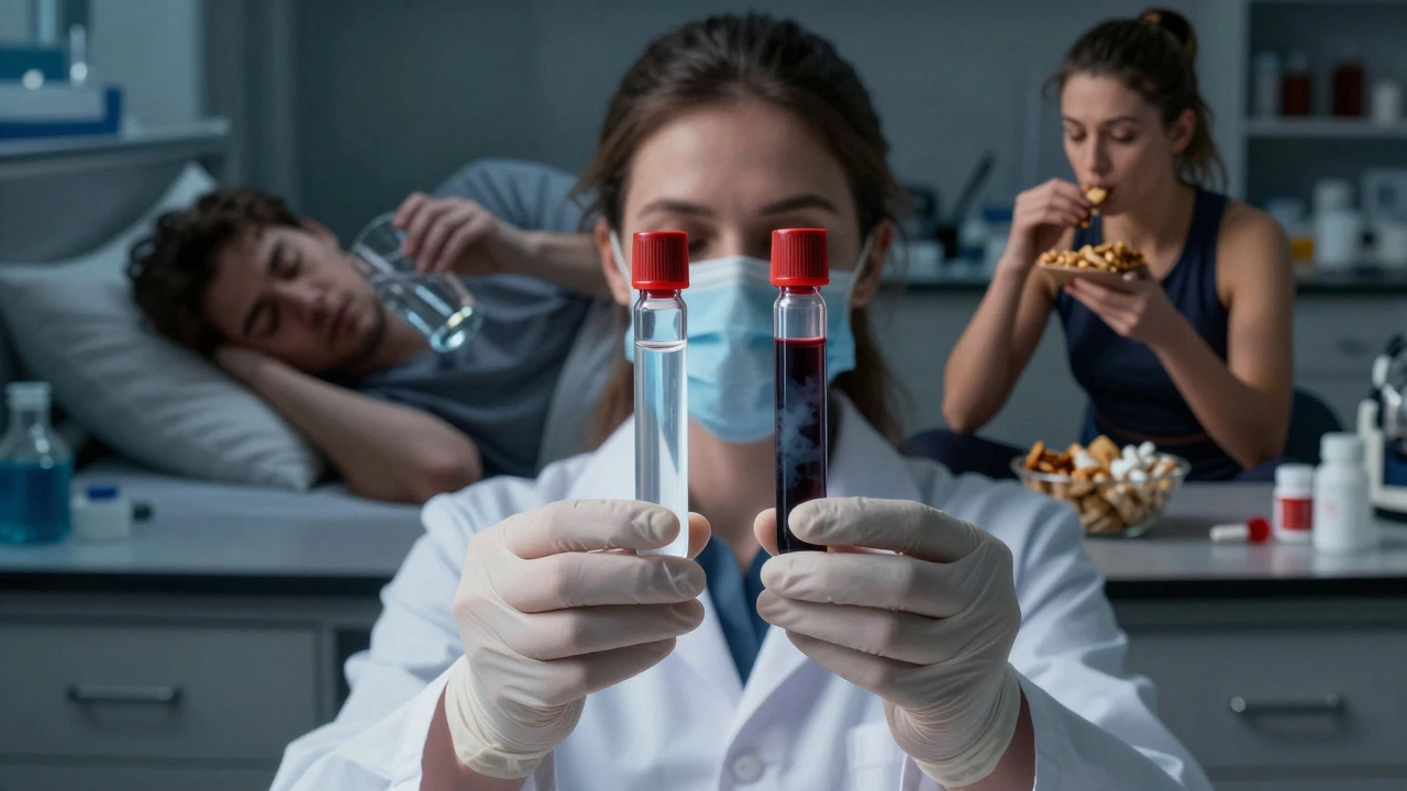 Две пробирки с кровью: одна прозрачная, другая мутная — рядом контрастные сцены правильной и неправильной подготовки.