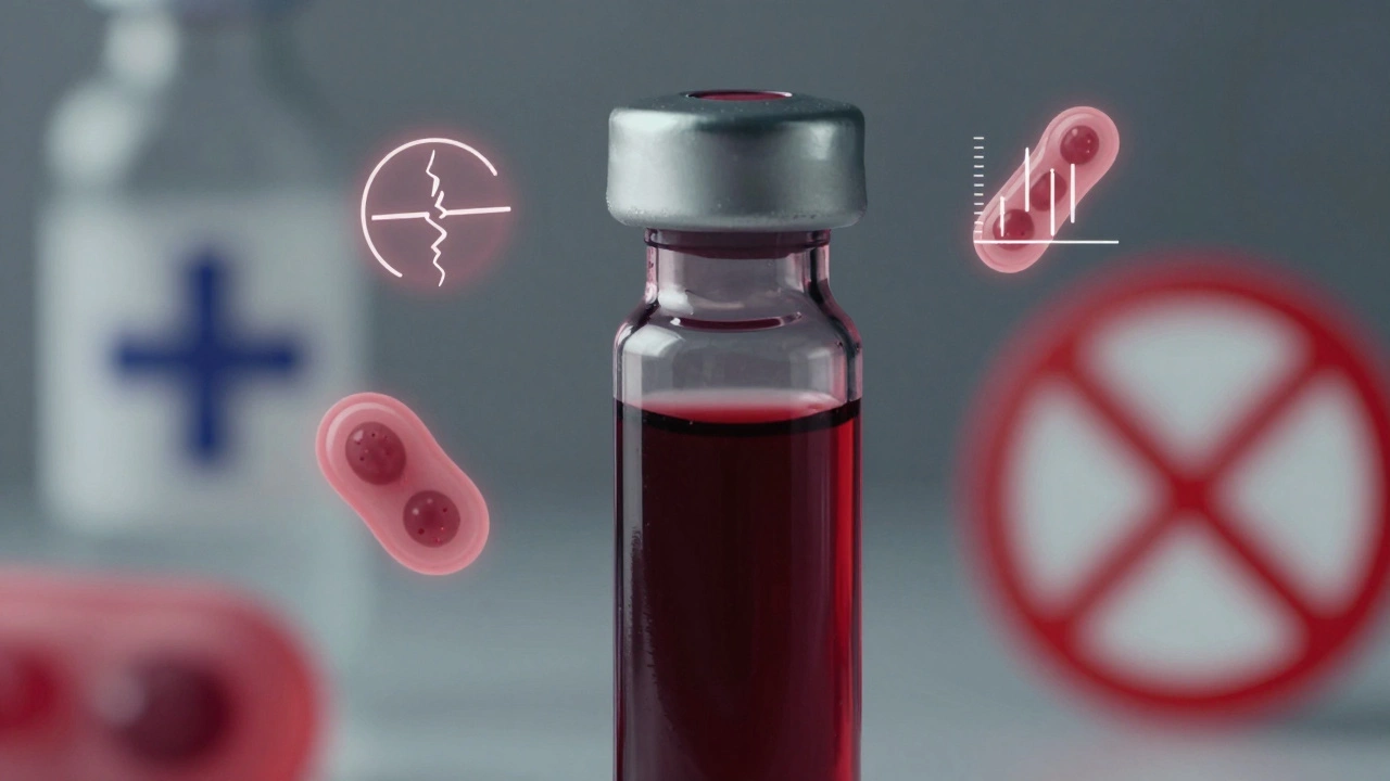 Кровь в пробирке с визуальными символами стресса и обезвоживания, рядом — знак запрета на сдачу.