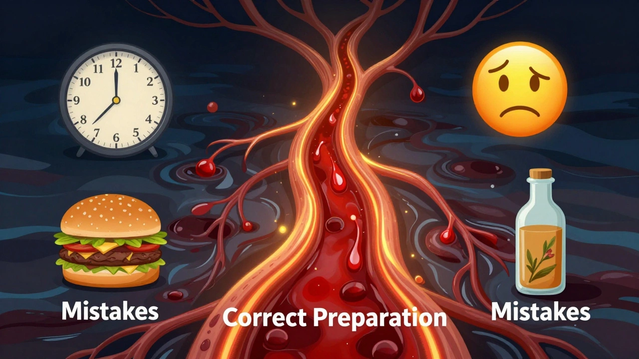 Кровеносный сосуд с потоком крови, окруженный символами искажений: сон, еда, стресс, травяной чай — чистый путь против хаоса.