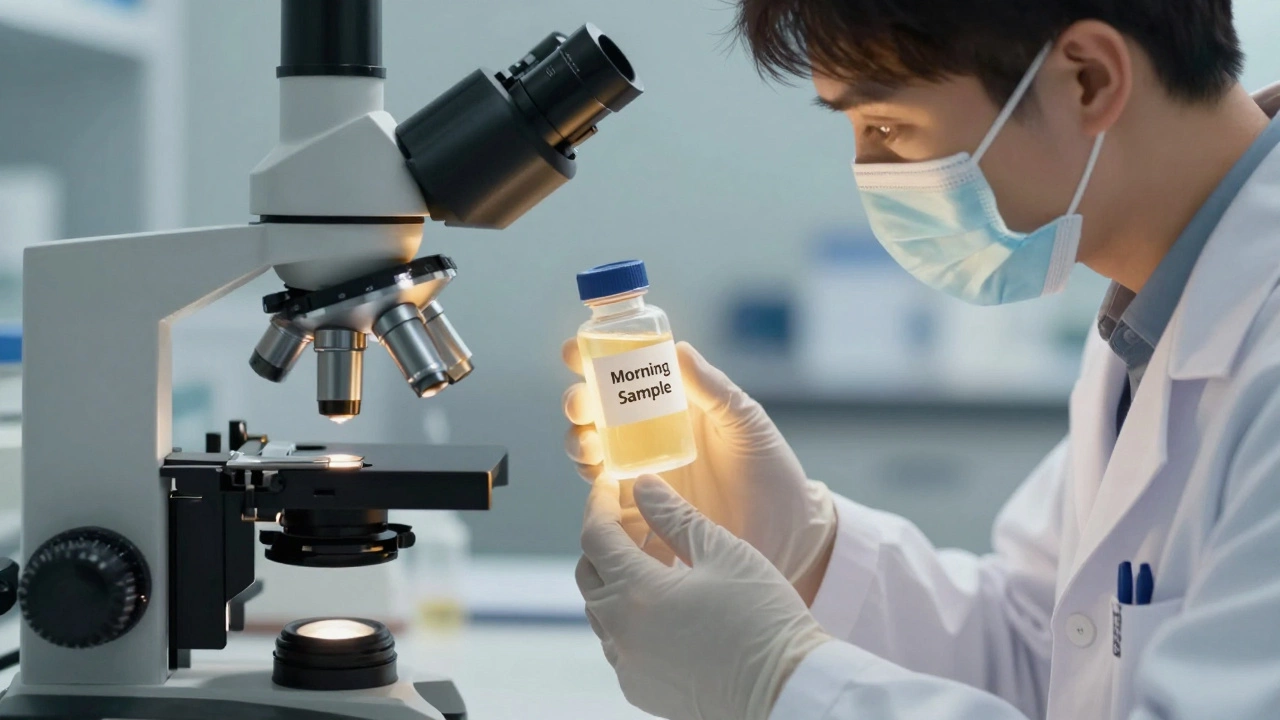 Лаборант рассматривает два образца мочи под микроскопом: один яркий и четкий, другой тусклый.