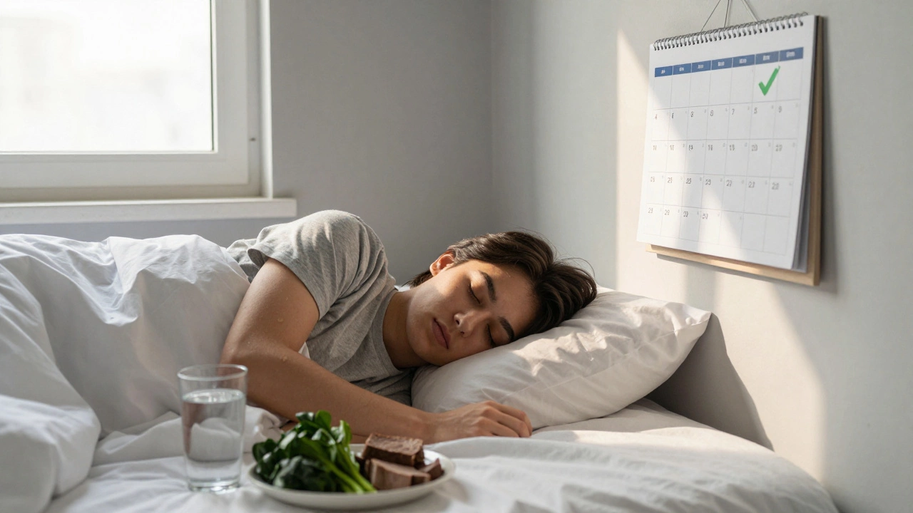 Молодой человек спит в комнате, на столе — продукты с железом и стакан воды, готовится к безопасной сдаче крови.