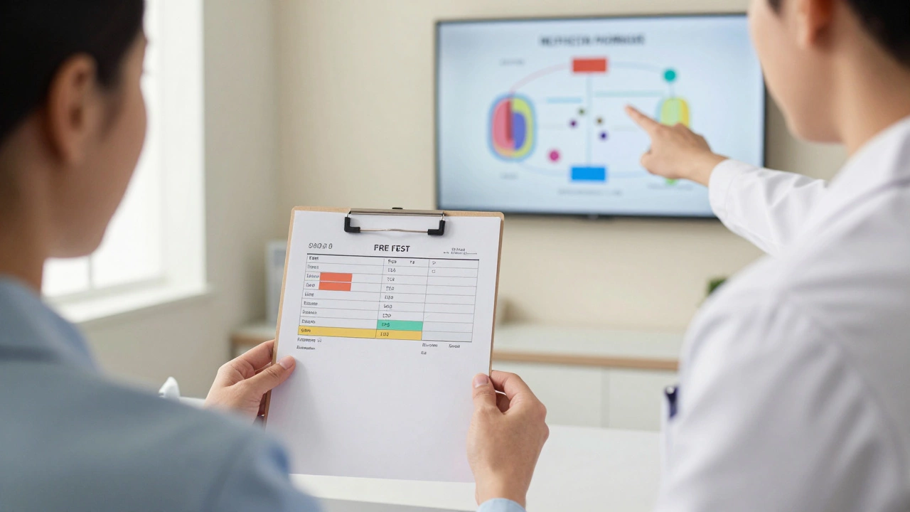 Пациент и эндокринолог анализируют результаты анализов на гормоны в клинической обстановке.