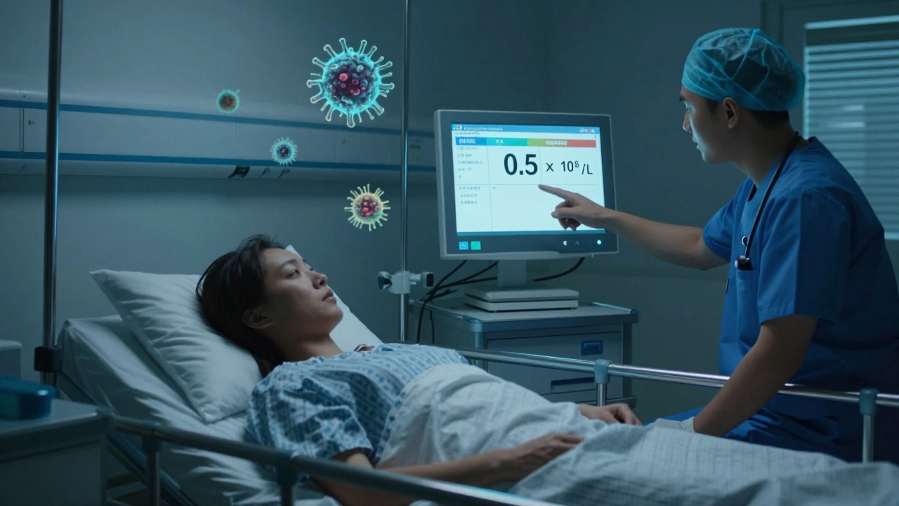 Пациент в изоляции с монитором, показывающим критически низкий уровень лейкоцитов.