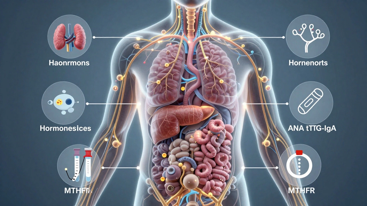 Прозрачное тело человека с подсвеченными гормонами, антителами и генетическими маркерами, соединенными с диагностическими тестами.