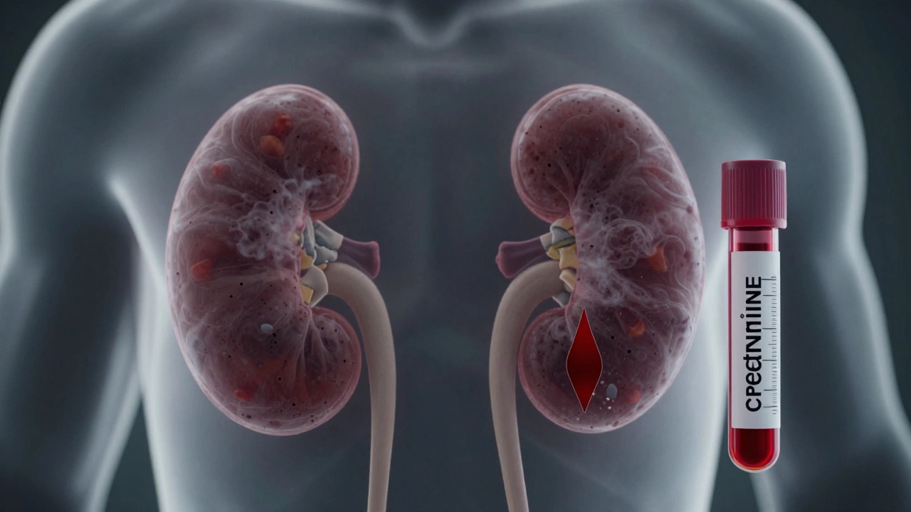 Прозрачный торс с поврежденной почкой и анализом крови с повышенным креатинином.