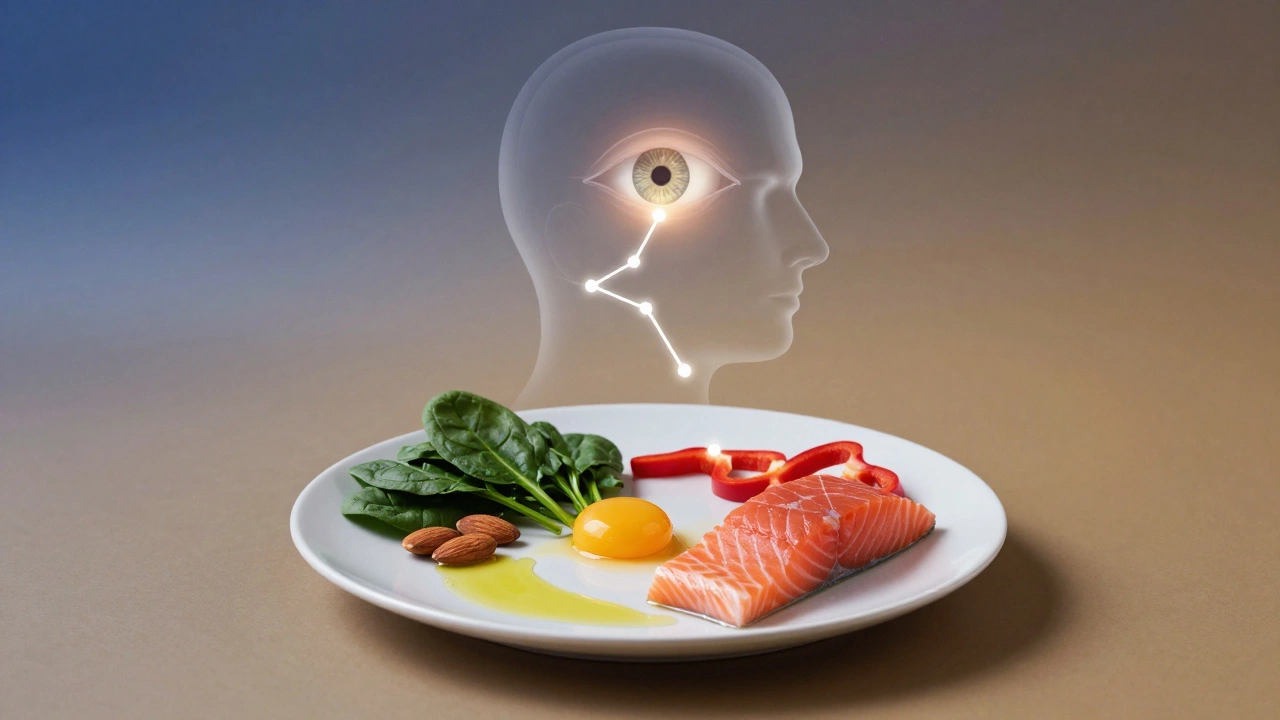 Тарелка с продуктами, улучшающими зрение: шпинат, миндаль, яйца, красный перец, лосось и оливковое масло.