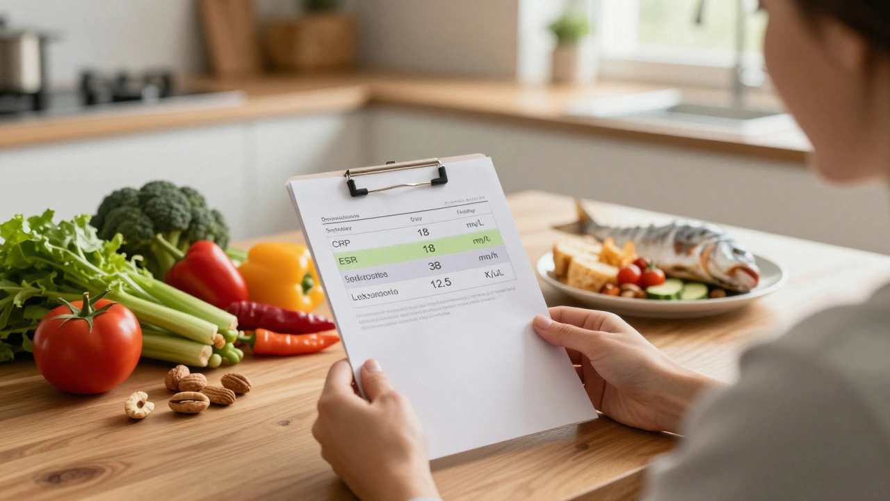 Человек смотрит на анализ крови, рядом — здоровая еда и бросаемая фастфуд-упаковка.