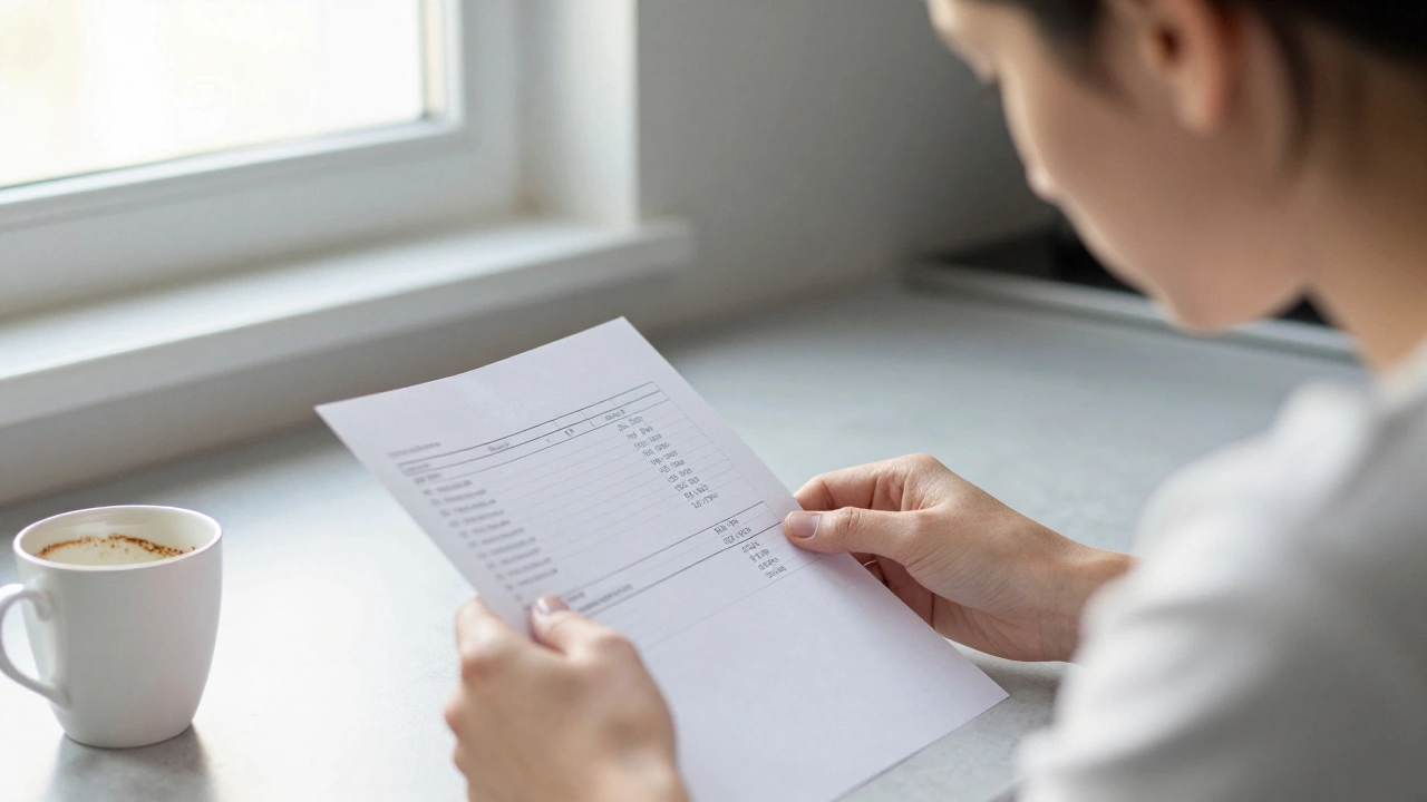 Человек смотрит на результат анализа крови, усталый, утренний свет через окно.