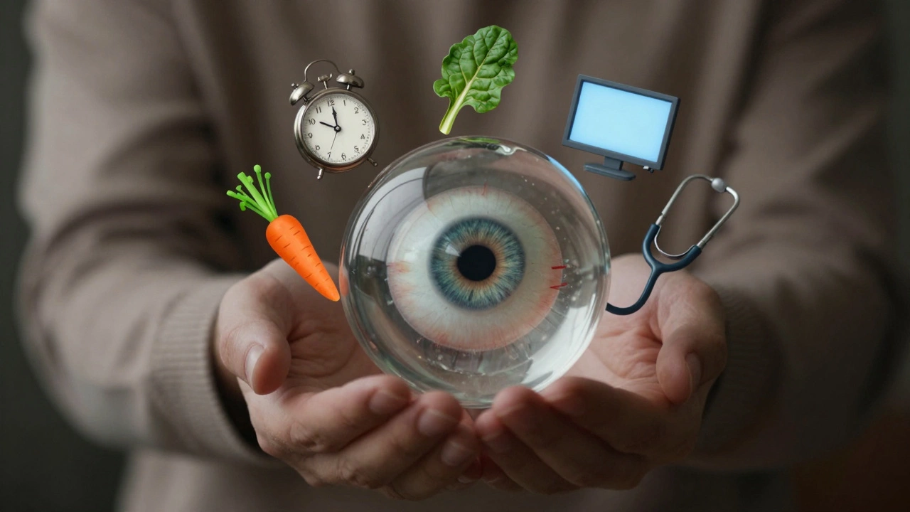 Хрупкий стеклянный глаз surrounded символами старения, питания и напряжения в руках человека.