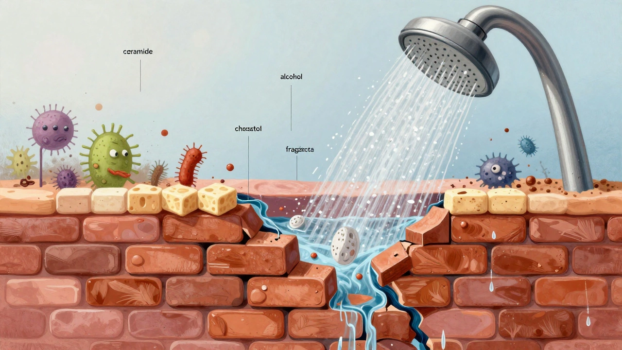 Художественное изображение липидного барьера кожи как разрушающейся кирпичной стены под воздействием горячей воды и химикатов.