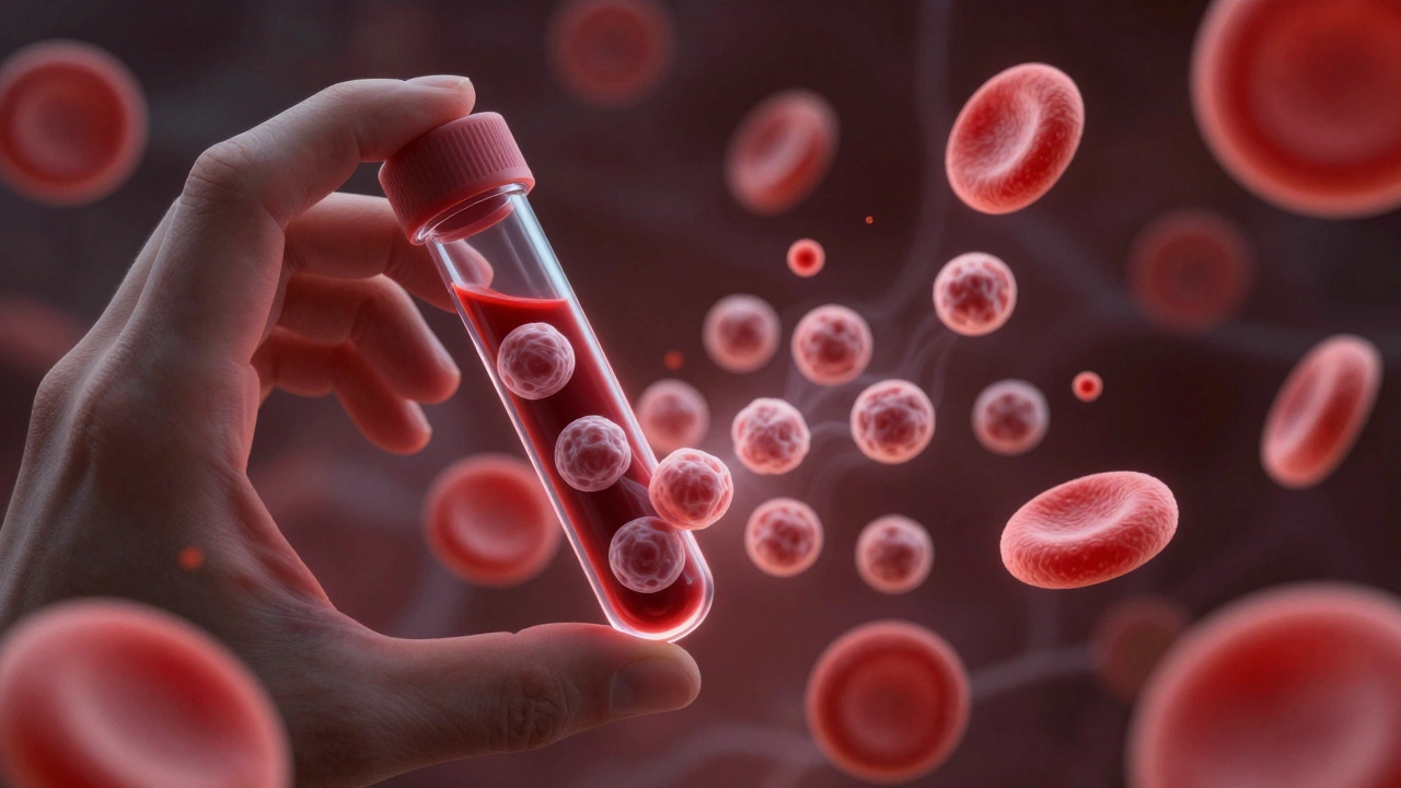 Кровь с избытком незрелых клеток, на фоне редких здоровых клеток, символизирующая лейкоз.