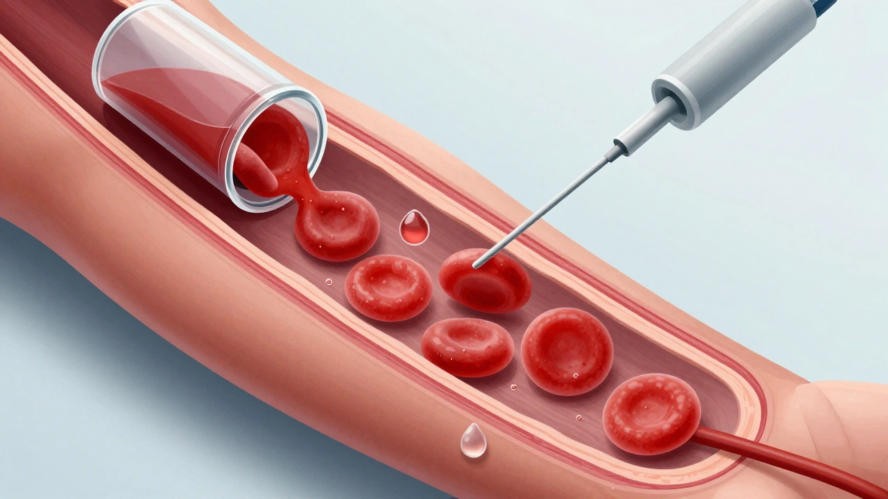 Медицинская иллюстрация вен и клеток крови с каплями воды