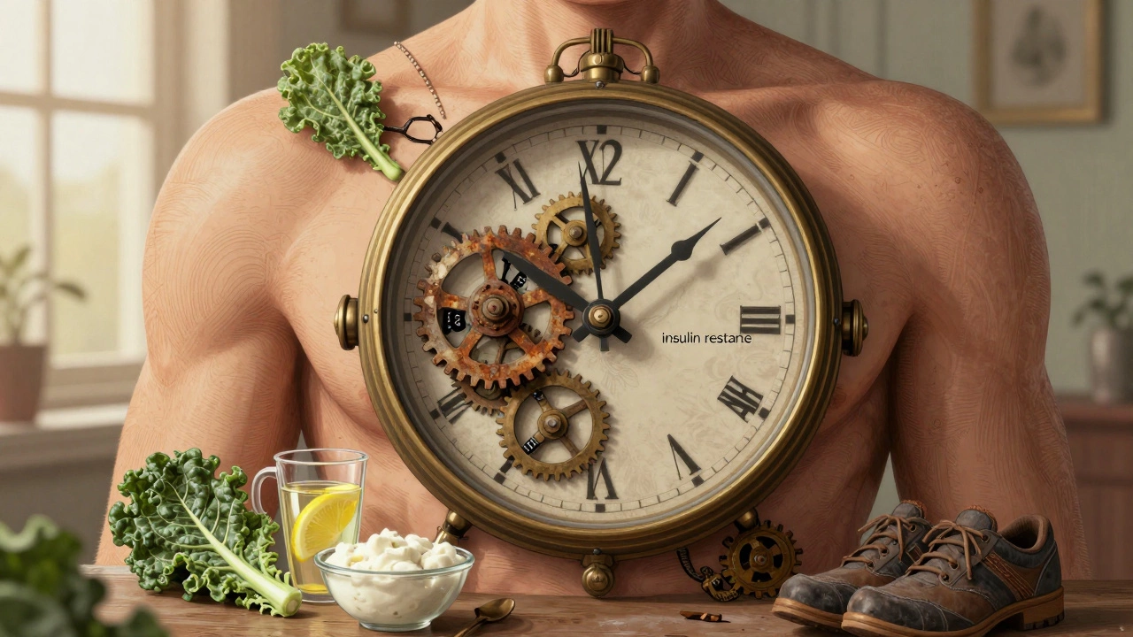 Механические часы внутри грудной клетки, где один шестерёнок заржавел, а рядом лежат овощи, лимон и обувь для прогулок.