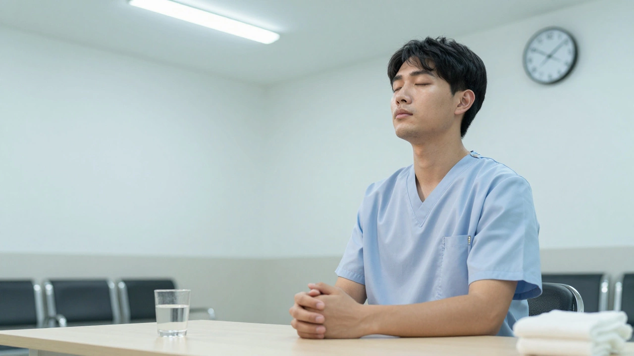 Пациент спокойно сидит в клинике, готовясь к сдаче анализа крови натощак