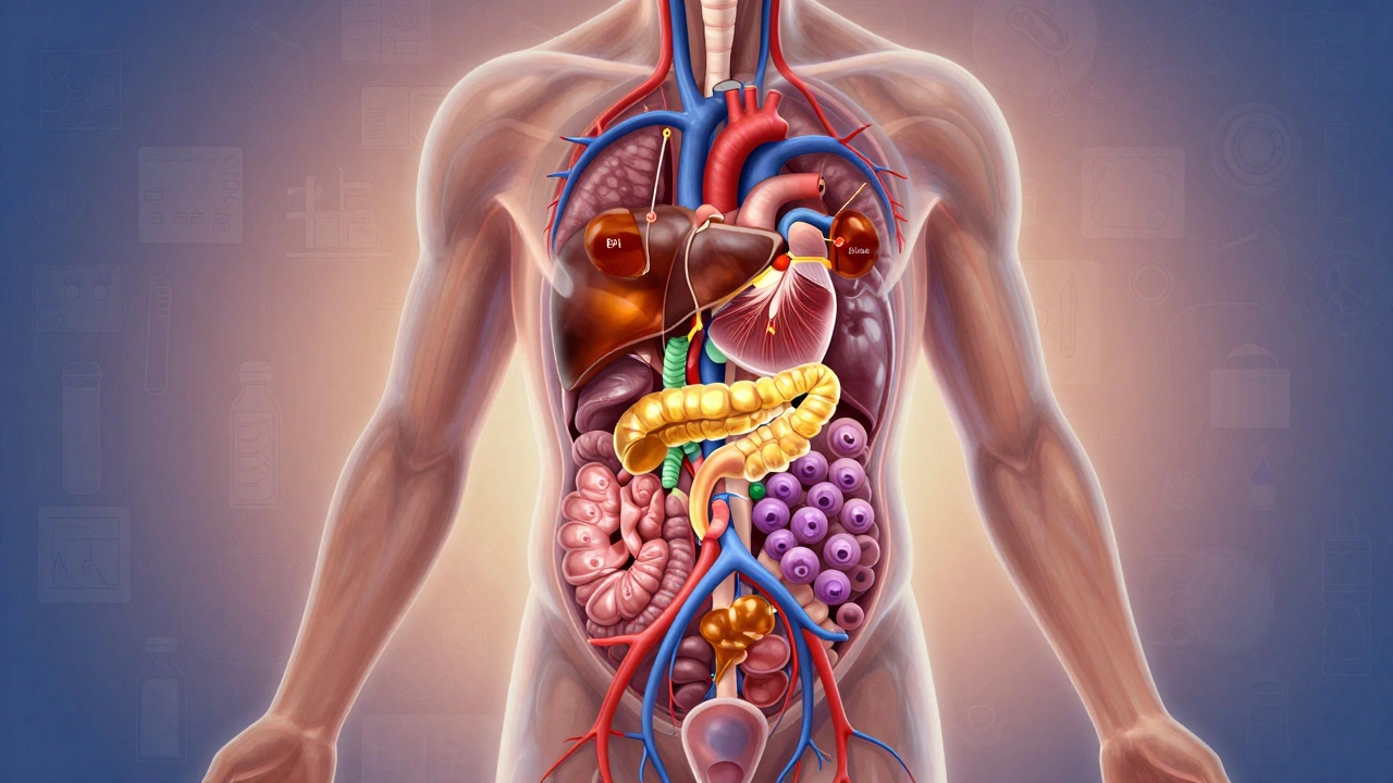 Прозрачное изображение тела с подсвеченными органами, соответствующими типам анализов крови.