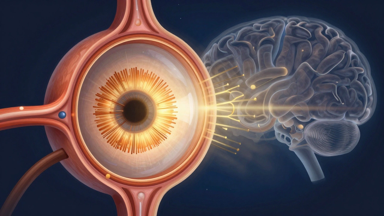 Разрез глаза с показом пути света к сетчатке и обработки сигнала мозгом.
