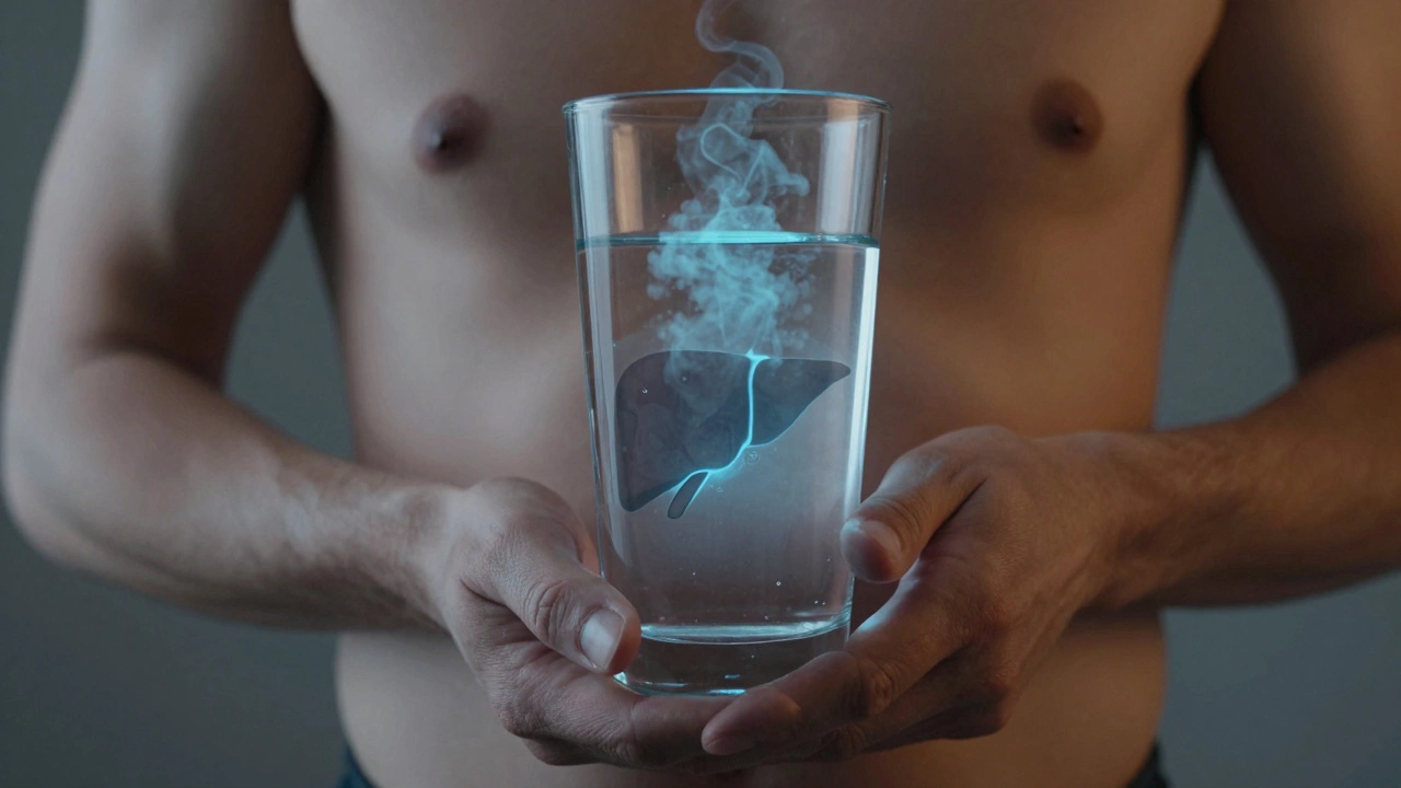 Рука держит стакан воды, внутри которого видна миниатюрная поврежденная печень и поднимающиеся облака токсинов.