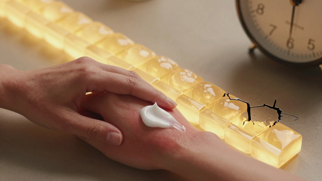 Рука наносит увлажняющий крем на поврежденную кожу, а за спиной медленно восстанавливается защитный барьер из мозаичных плиток.