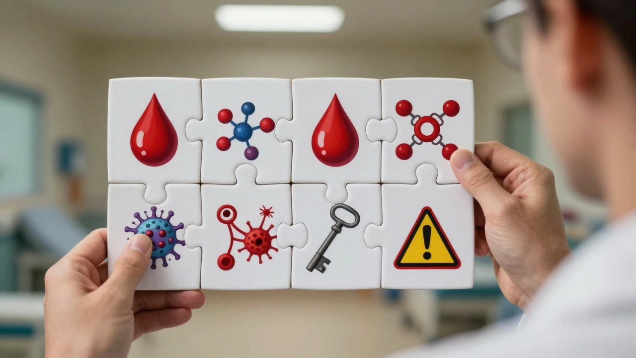 Сборка пазла из семи капель крови, каждая символизирует свой тип лабораторного исследования.