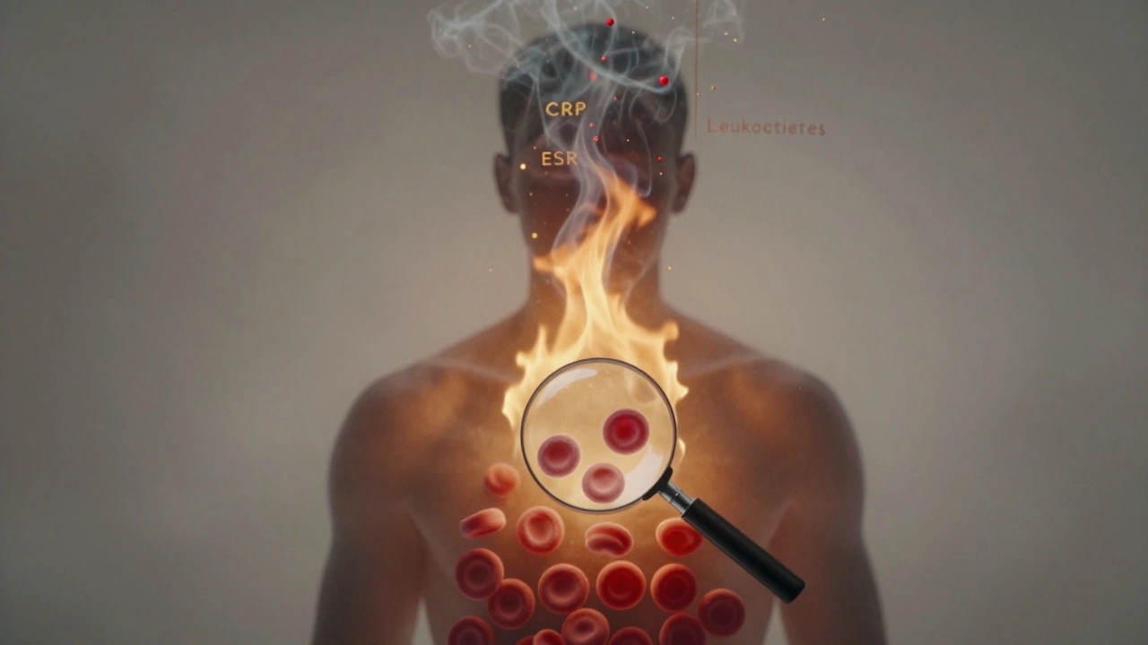 Силуэт человека с внутренним огнем, из которого поднимаются маркеры воспаления в виде частиц.