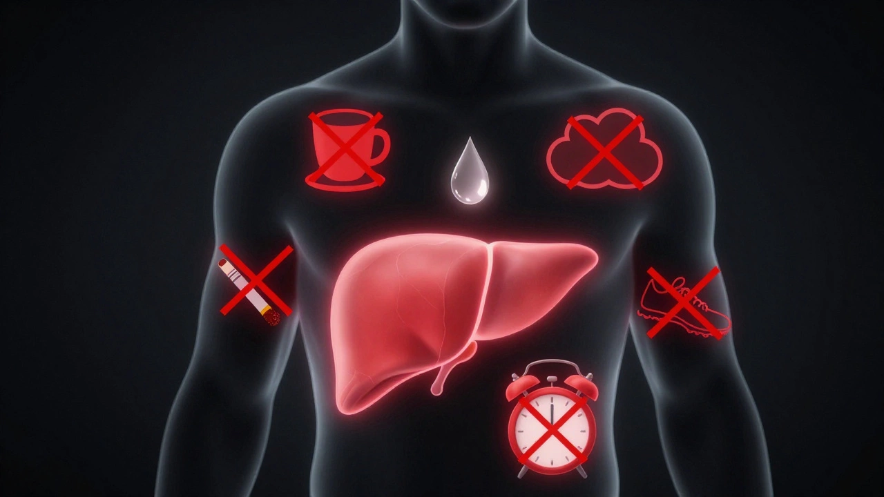 Силуэт тела с запрещёнными действиями, перечёркнутыми красными линиями, и каплей воды над печенью