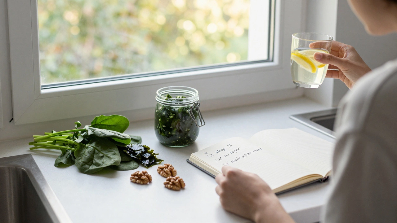Утренняя кухня с лимонной водой, шпинатом, орехами и квашеной капустой на фоне мягкого света из окна.