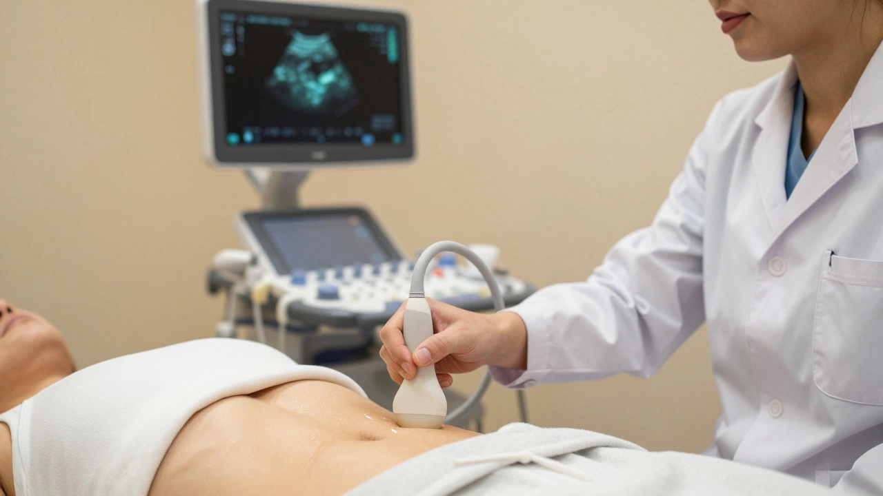 Врач делает УЗИ печени пациенту в современном кабинете