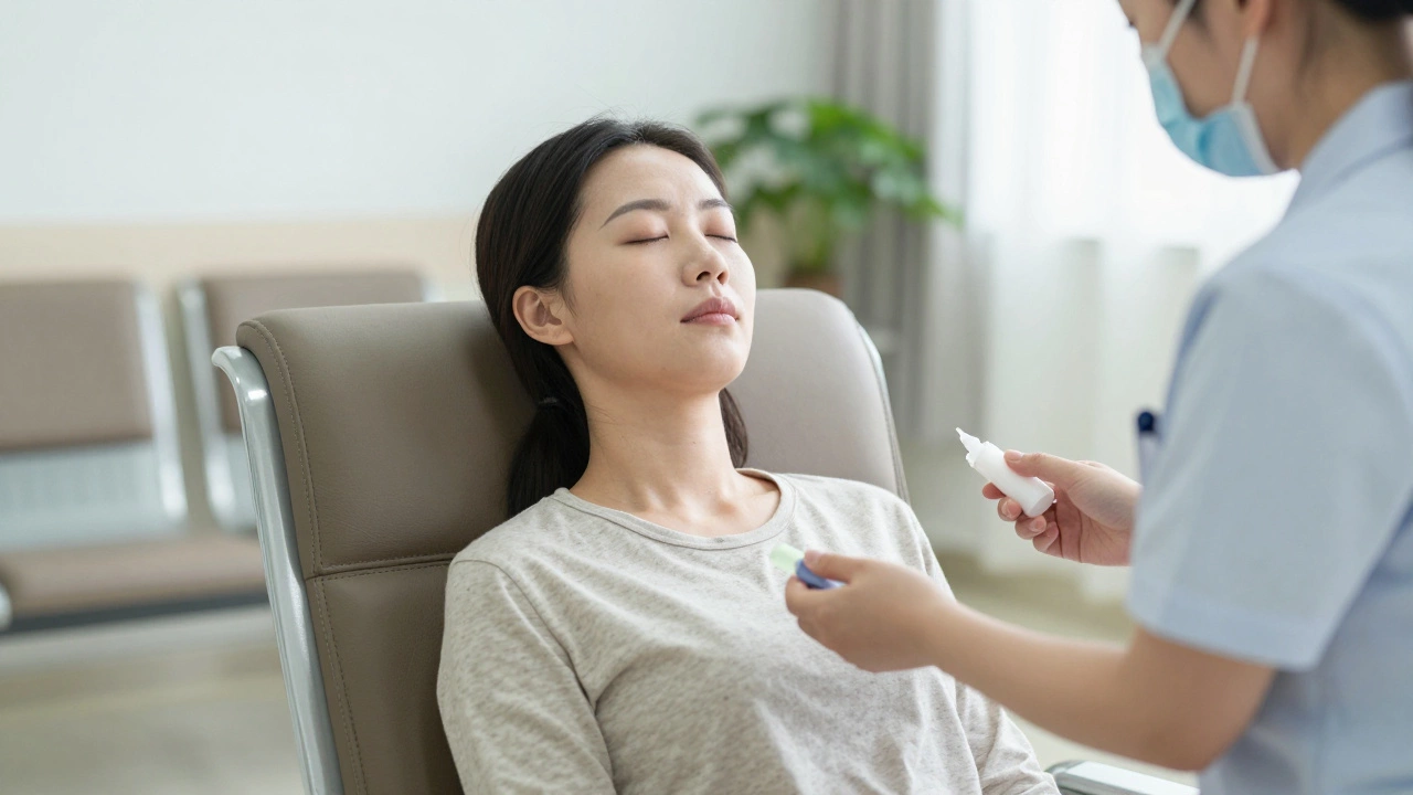 Женщина спокойно сидит в клинике, делая глубокие вдохи перед сдачей крови.