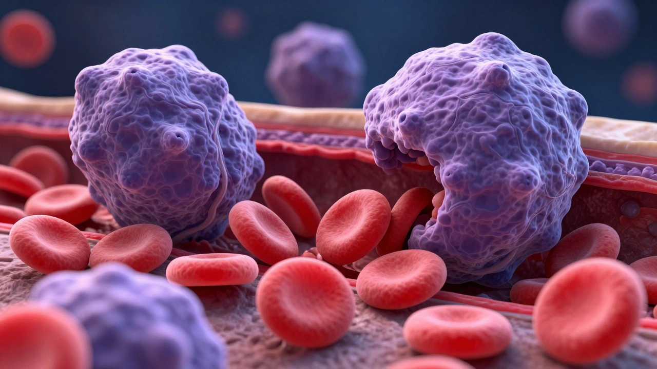 3D-иллюстрация костного мозга, где раковые бласты вытесняют здоровые красные кровяные тельца