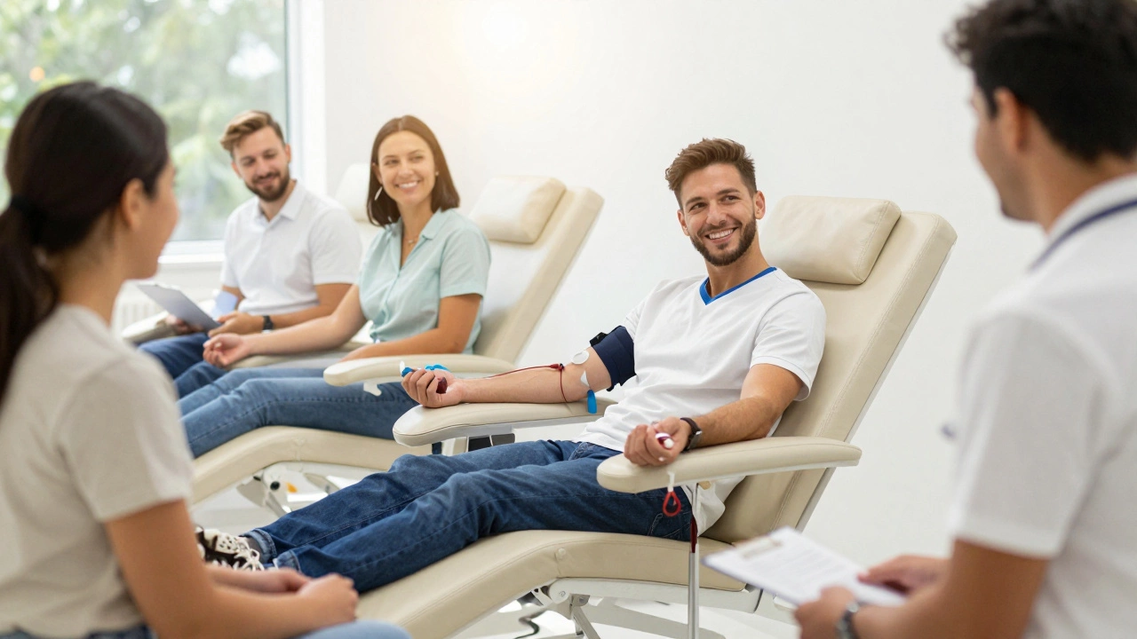 Человек-донор сдает кровь в светлом современном медицинском центре