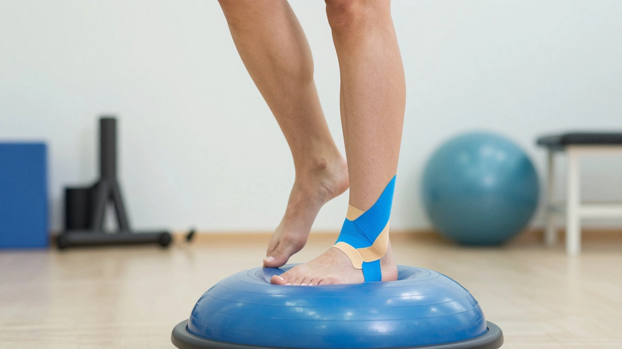 Человек на баланс-борде с кинезиотейпом на голеностопе в клинике
