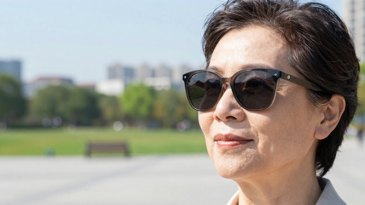 Человек в солнцезащитных очках с UV-фильтром на фоне солнечного города