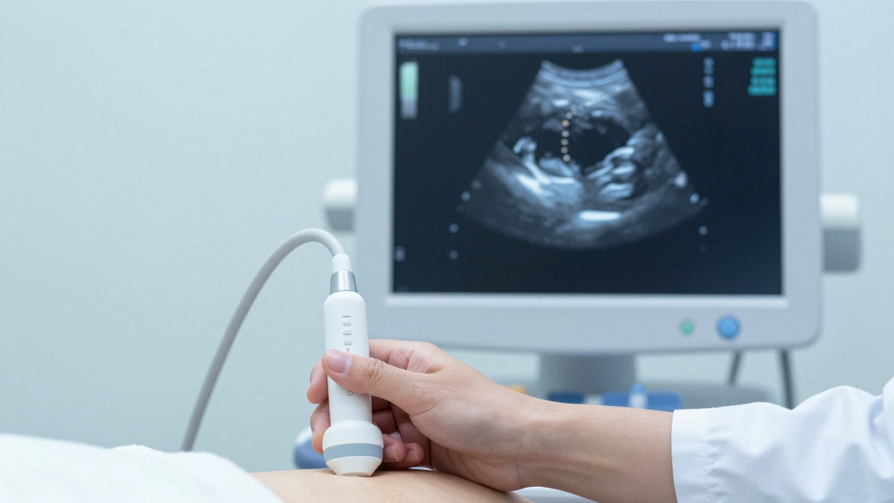 Экран УЗИ, показывающий жидкостную кисту с четкими границами