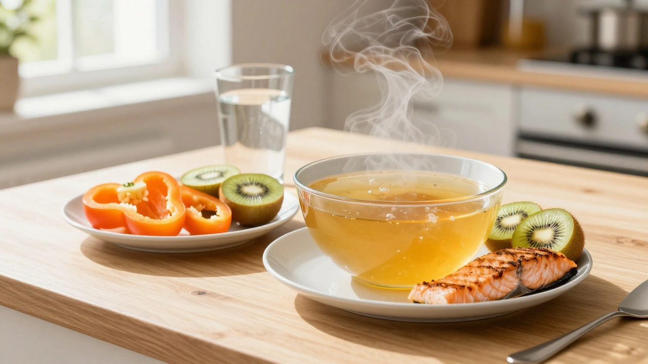 Продукты для восстановления связок: костный бульон, рыба, киви и перец