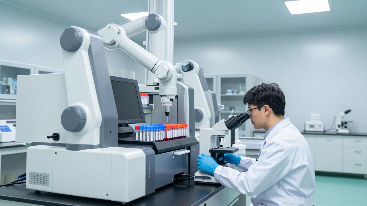 Современная клиническая лаборатория с автоматическими анализаторами и лаборантом