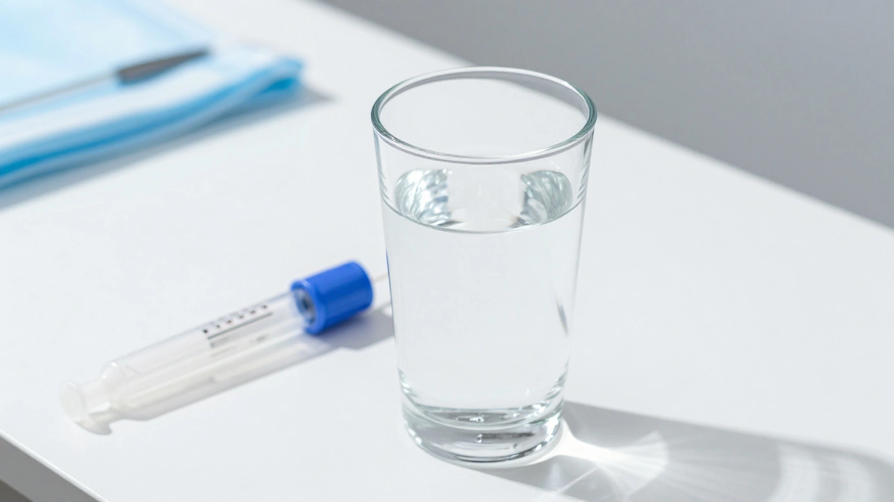 Стакан чистой воды и пробирка для анализа крови на белом столе